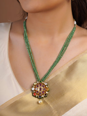 Samraagni green bead navratna floral kundan pendant necklace with ruby centre, multicolour stones and single pearl drop