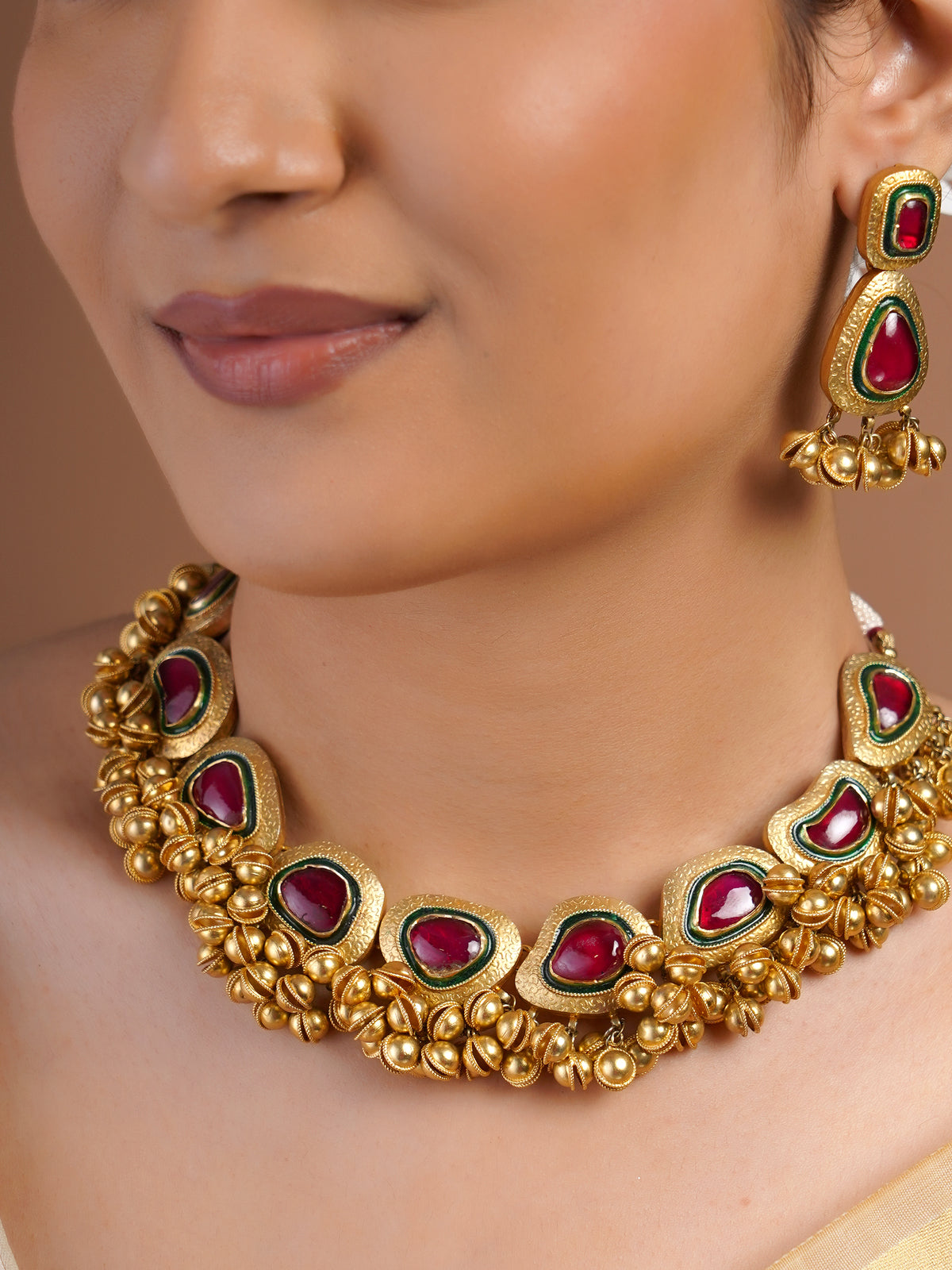 Samragni ruby green antique gold guttapusalu style collar necklace with clustered gold bead fringe and matching statement earrings