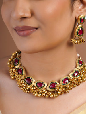 Samraagni ruby green antique gold guttapusalu style collar necklace with clustered gold bead fringe and matching statement earrings