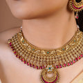Samraagni ruby antique gold chain fringe choker necklace set with teardrop border, central crescent pendant and matching statement earrings