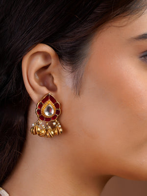 Samragni ruby kundan teardrop antique gold choker shown on model with matching earrings and pearl accents