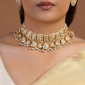 Samragni white kundan pearl drop bridal choker necklace set with geometric stones, teardrop hangings and matching statement studs