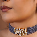 Samragni lavender-grey multi-strand bead polki kundan choker necklace set with white stone centre and matching earrings