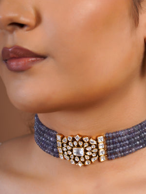 Samraagni lavender-grey multi-strand bead polki kundan choker necklace set with white stone centre and matching earrings