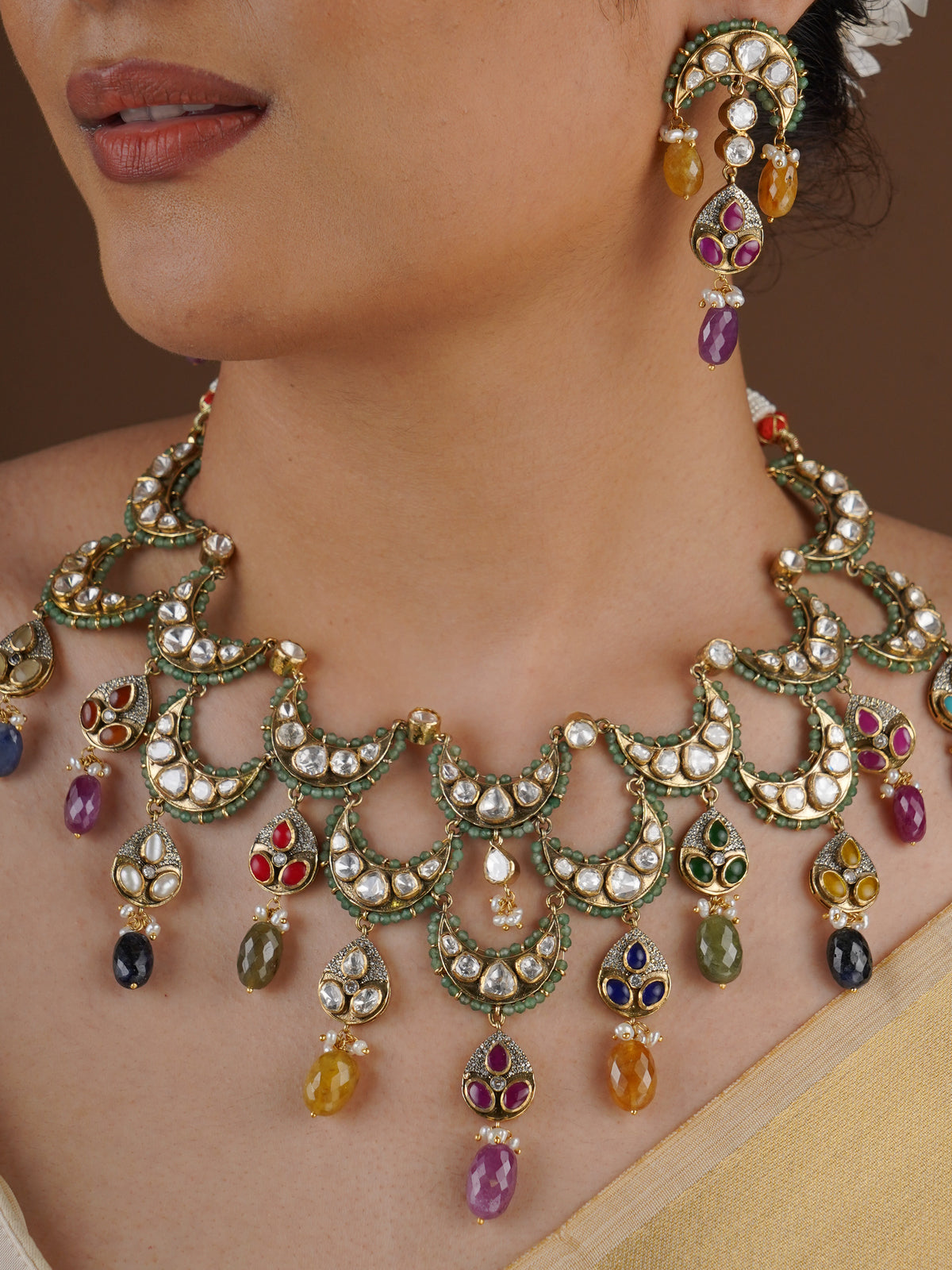 SITA RATNA matching multicolour moissanite drop earring from necklace set