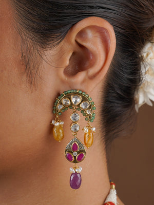 SITA RATNA multicolour crescent moissanite necklace and matching earrings styled together