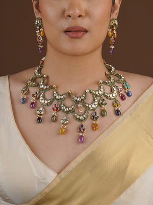 SITA RATNA multicolour crescent moissanite necklace set styled on model