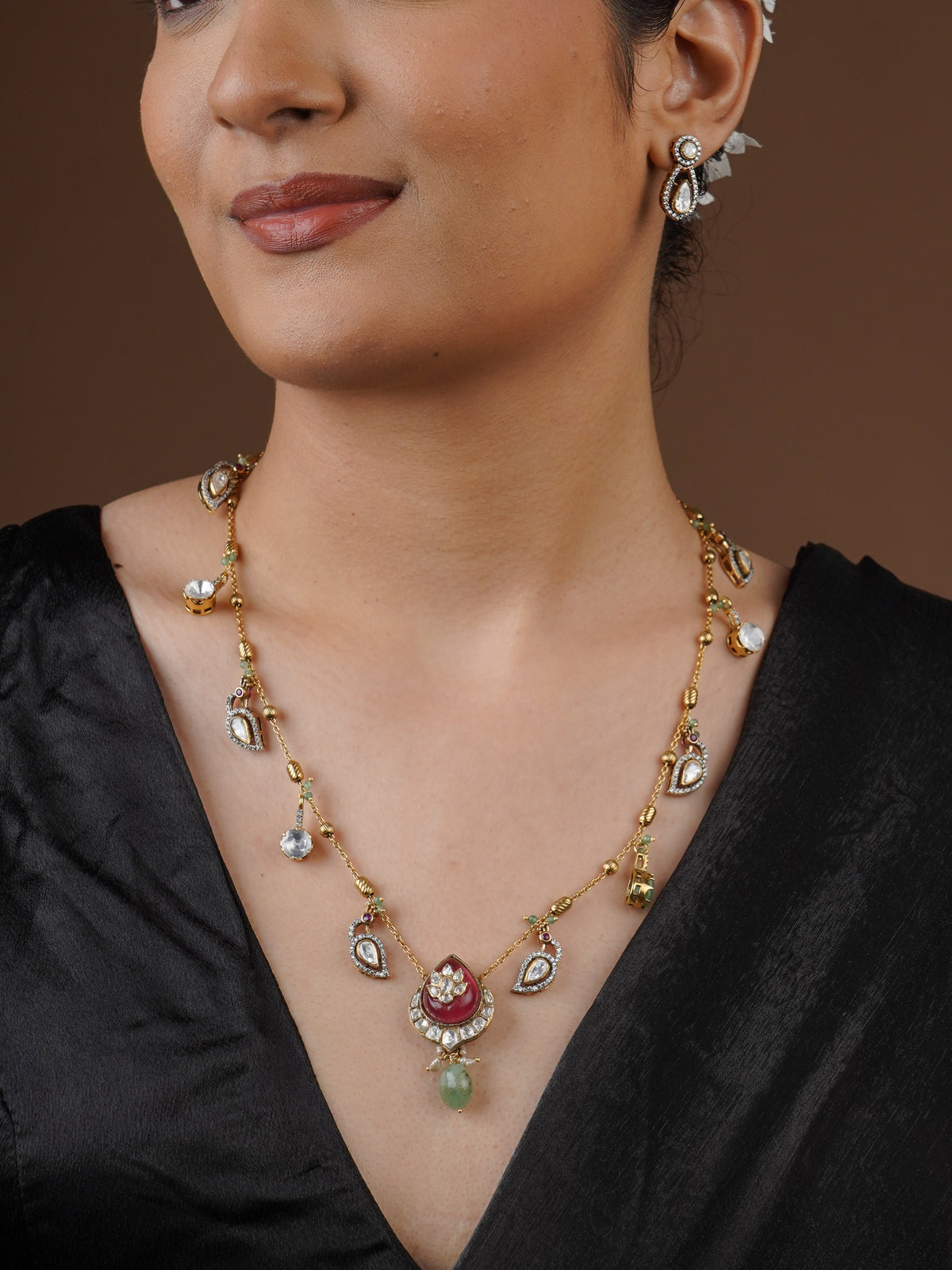 SITA RATNA matching teardrop moissanite earring from ruby green necklace set