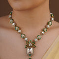 SITA RATNA green enamel floral moissanite necklace set styled on model