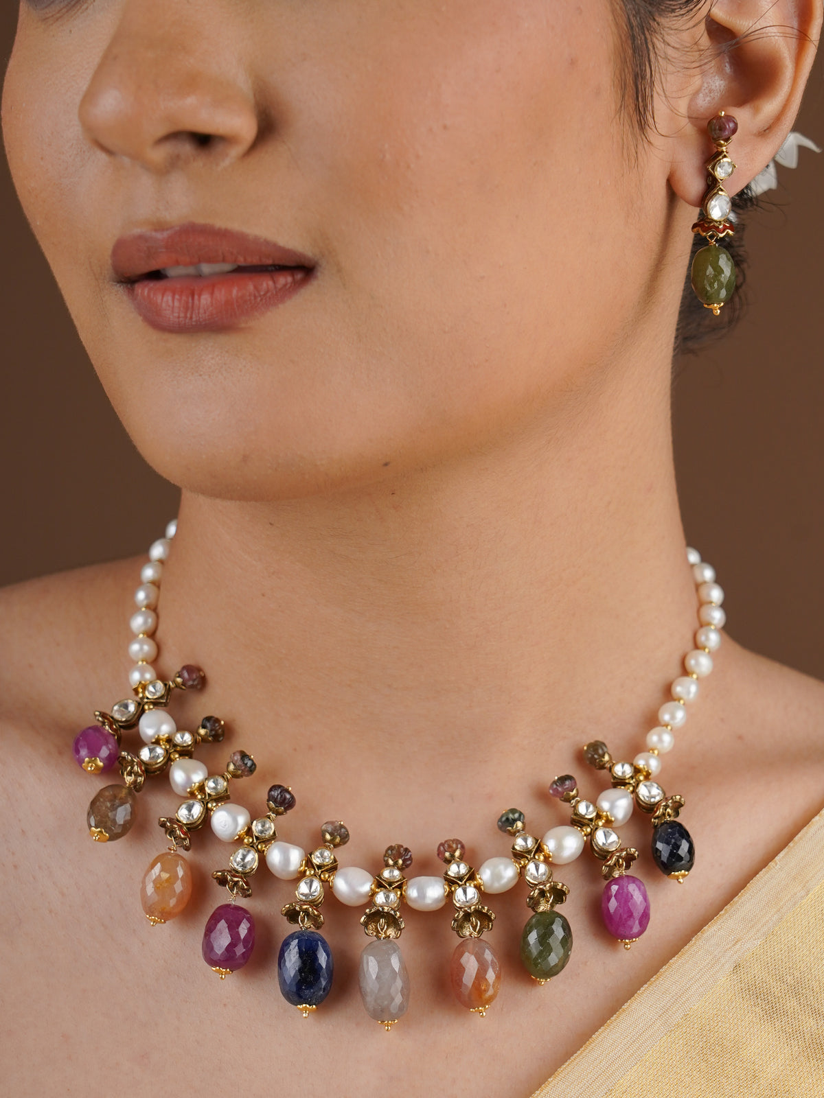 SITA RATNA matching multicolour bead drop earring from pearl necklace set