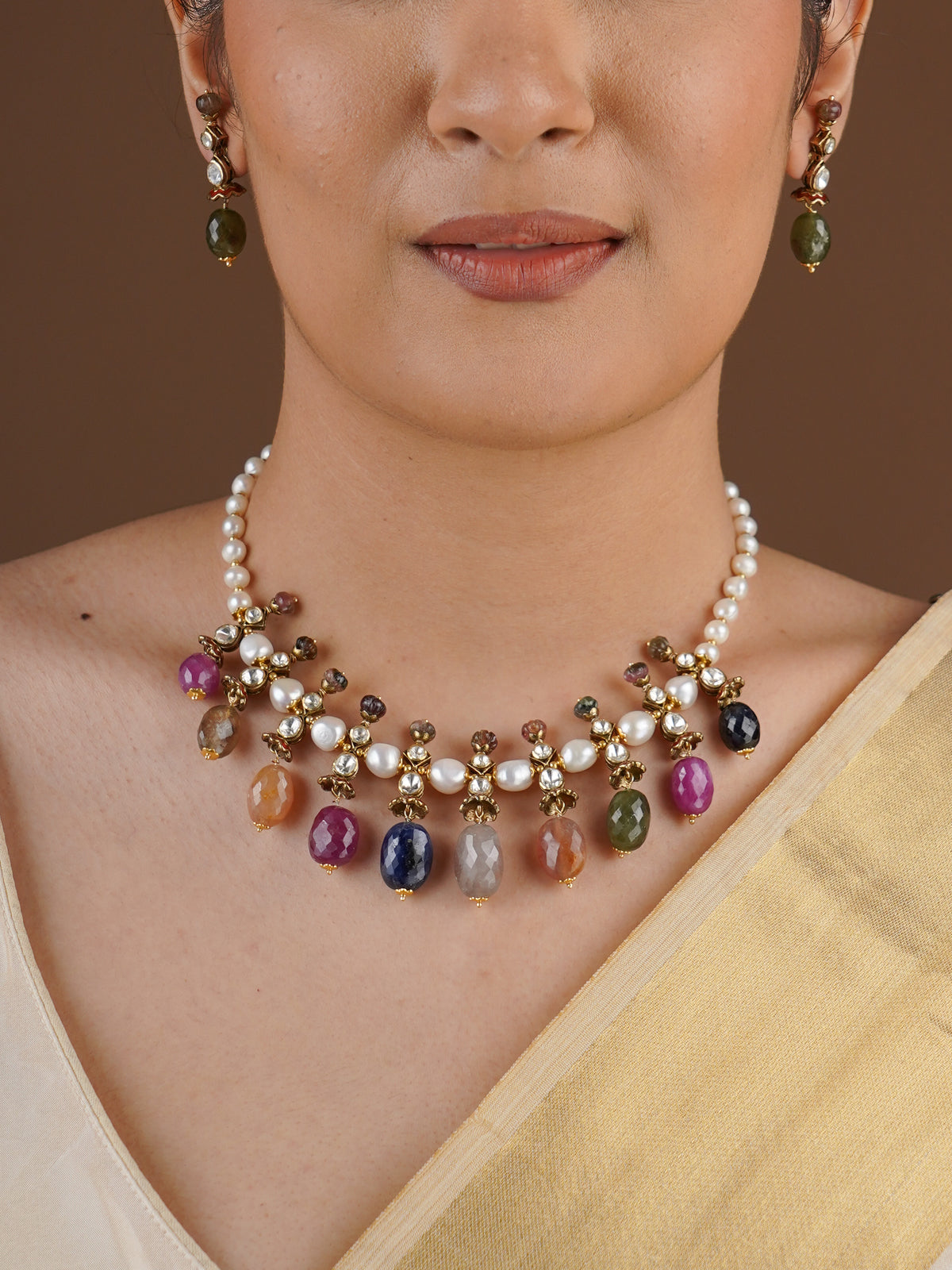 SITA RATNA multicolour pearl bead moissanite necklace set styled on model