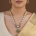 SITA RATNA green carved drop moissanite necklace set styled on model