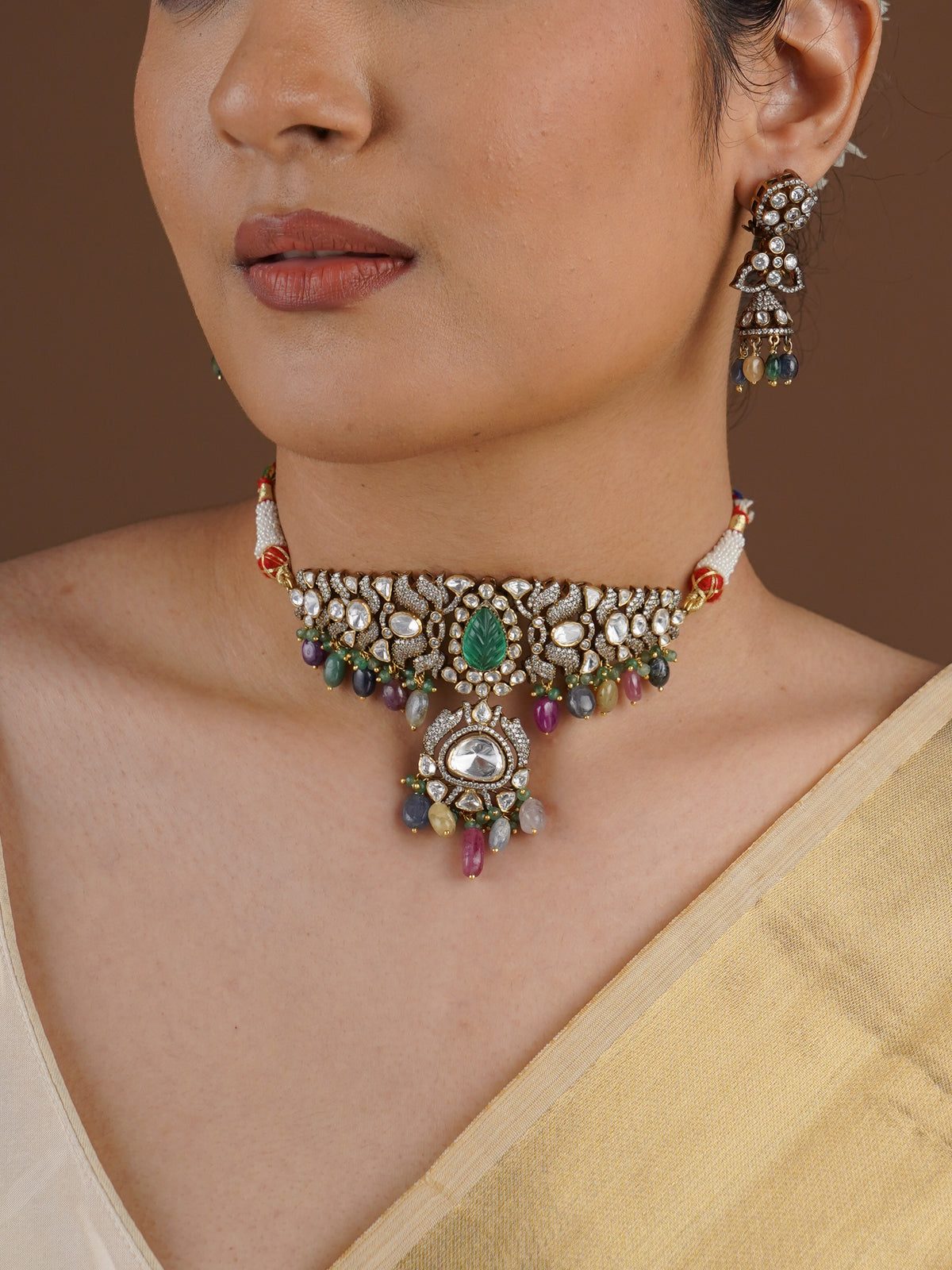 SITA RATNA matching multicolor bead jhumka moissanite earring close-up
