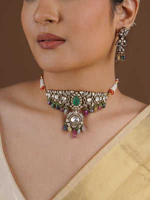 SITA RATNA matching multicolor bead jhumka moissanite earring close-up