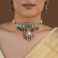 SITA RATNA green carved centre multicolor moissanite choker set styled on model