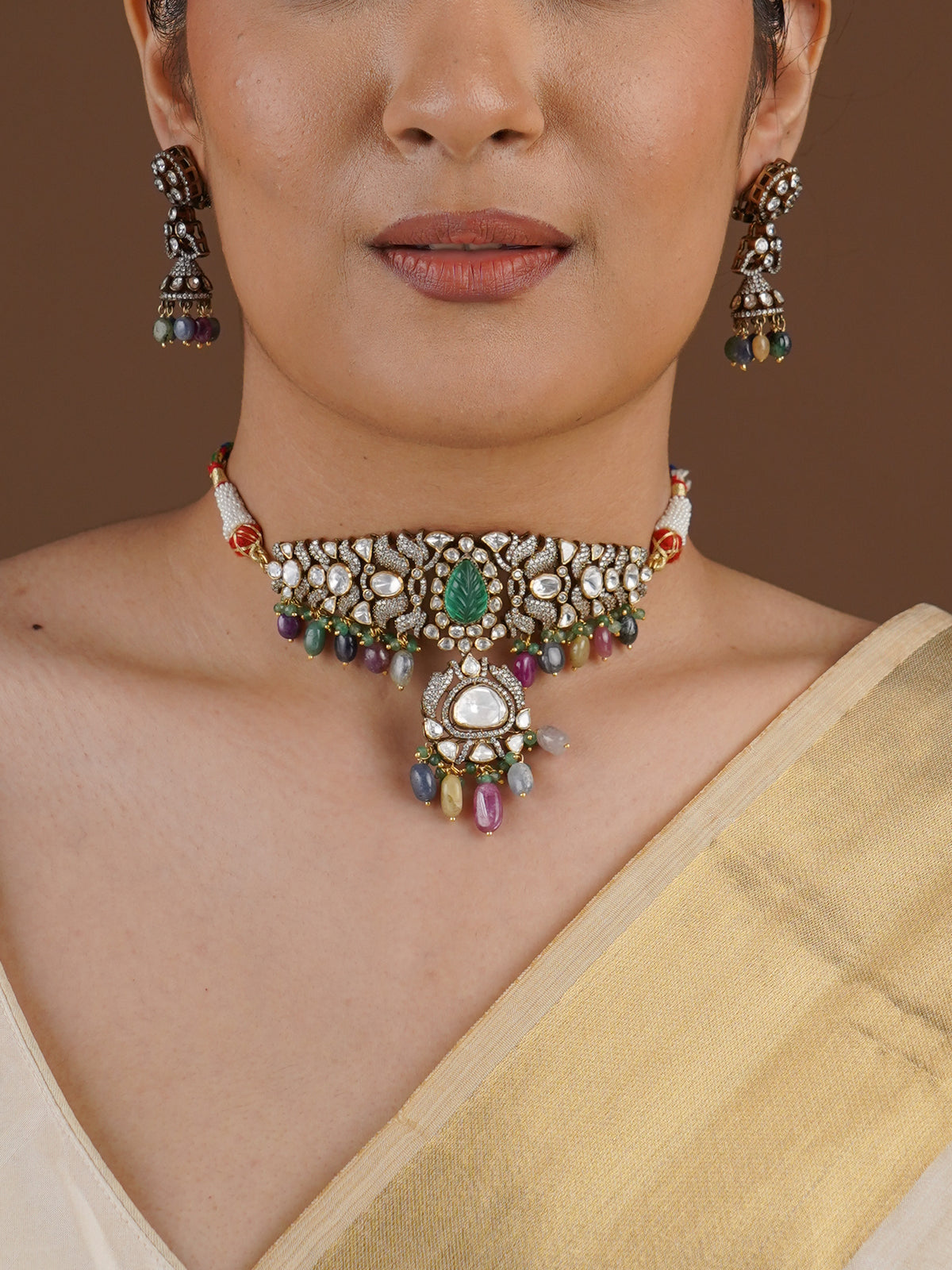 SITA RATNA green carved centre multicolor moissanite choker set styled on model
