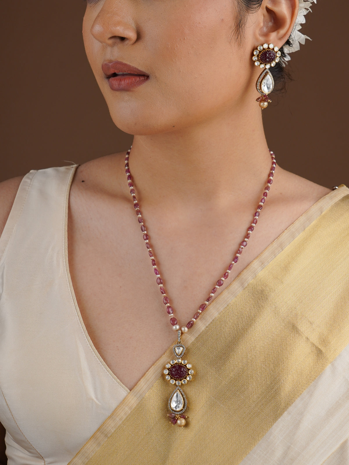 SITA RATNA ruby carved centre moissanite drop earring close-up