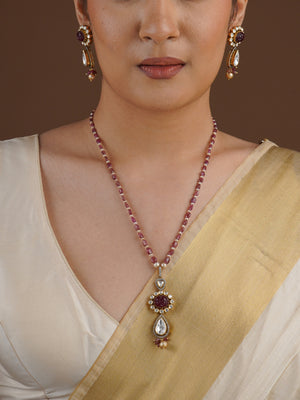 SITA RATNA ruby carved drop moissanite necklace set styled on model