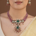 SITA RATNA emerald centre pink bead moissanite choker set styled on model
