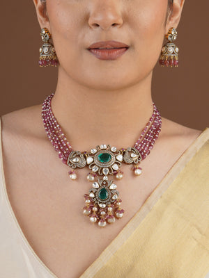 SITA RATNA emerald centre pink bead moissanite choker set styled on model