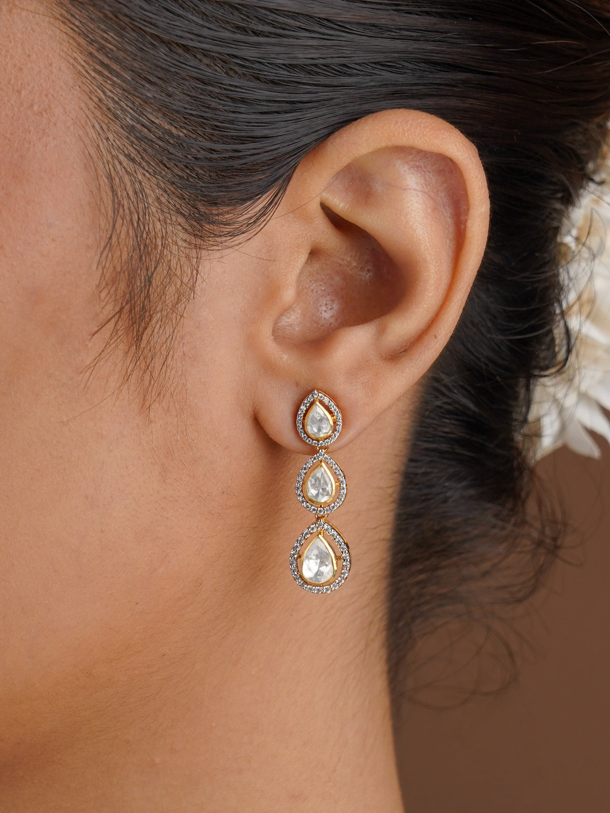 SITA RATNA delicate five teardrop moissanite necklace and earring set