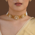 SITA RATNA floral mesh moissanite choker set with matching stud earrings styled on model