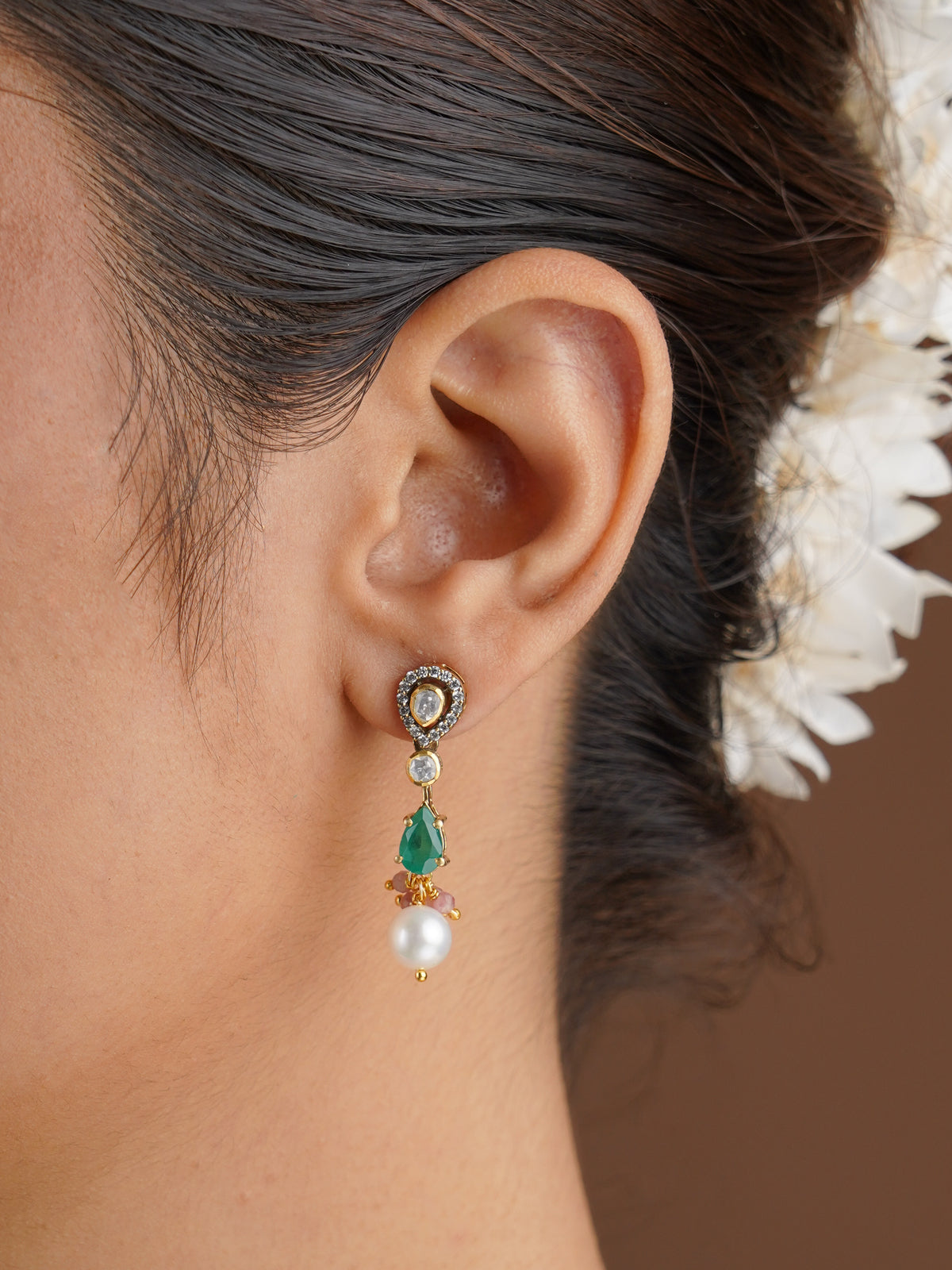 SITA RATNA pink bead green teardrop moissanite pendant and earring set front view