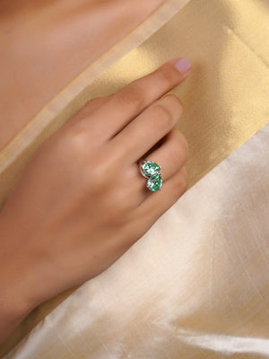 Sitamani contemporary silver-tone ring with two large mint-green faceted stones in a modern twin-stone setting