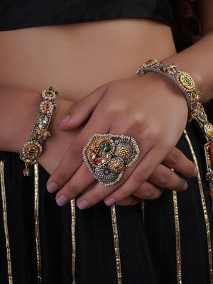 Sitamahor navrangi mixed-metal statement ring with layered floral medallions, pearl edging and red green enamel-style accents