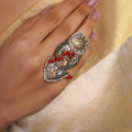 Sitamahor elongated peacock fusion statement ring with mixed silver-gold medallions, coral-red beads, green accents and pearl edging