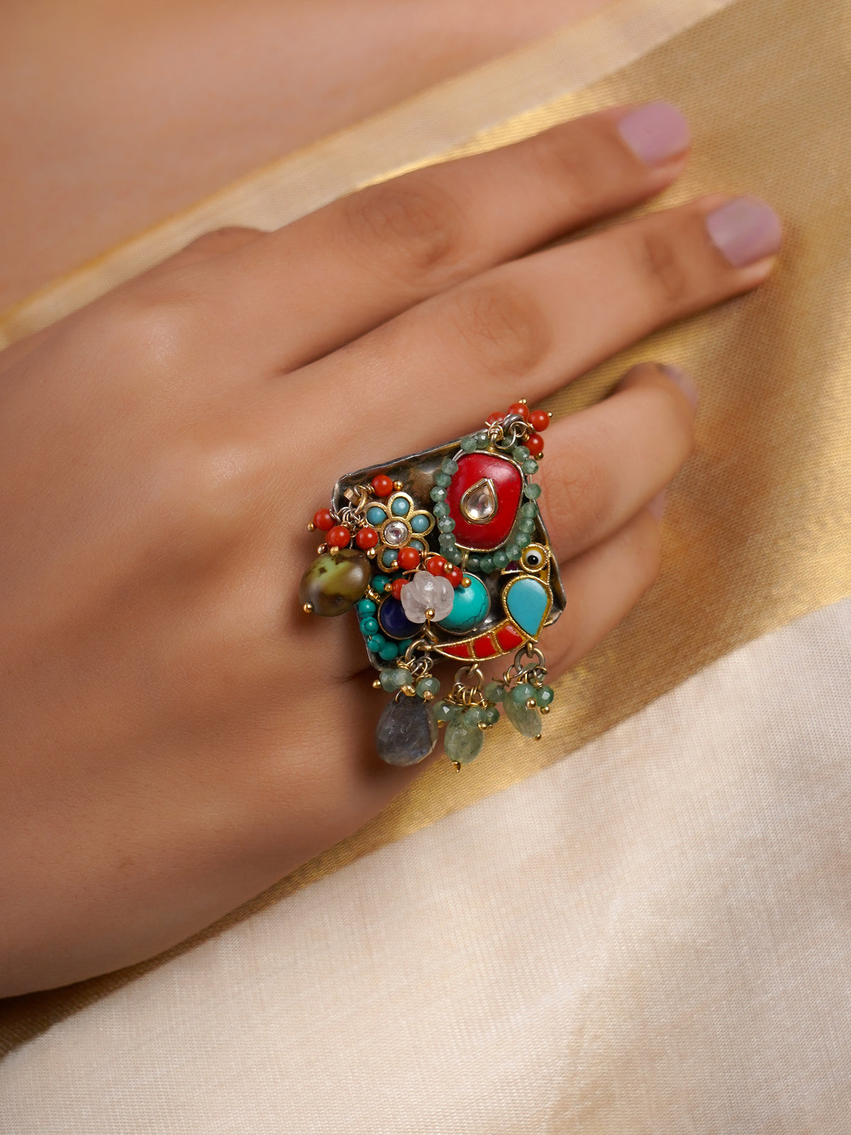 Sitamahor navrangi artisan fusion statement ring with turquoise blue, coral red, green and smoky multicolour stone cluster detailing