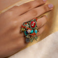 Sitamohur navrangi artisan fusion statement ring with turquoise blue, coral red, green and smoky multicolour stone cluster detailing
