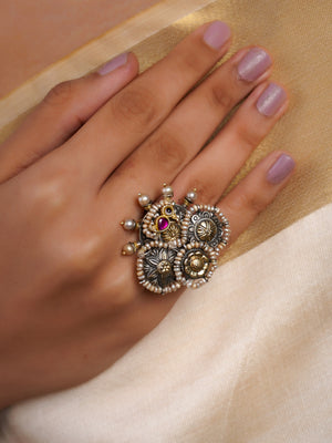 Sitamahor peacock medallion dual-tone fusion statement ring with pearl edging, oxidized silver, antique gold and magenta accents
