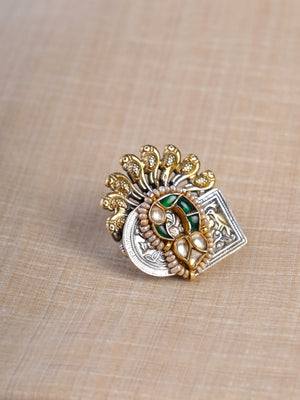 Sitamohur peacock fan green kundan dual-tone fusion statement ring shown on hand with pearl edging and mixed silver-gold design