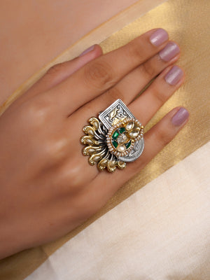 Sitamohur peacock fan dual-tone fusion statement ring with green enamel-style accents, white kundan-style stones, pearls and mixed metal motifs