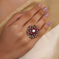 Samraagni ruby bloom kundan jadau floral statement ring with layered ruby-red petals, white stones and antique gold finish