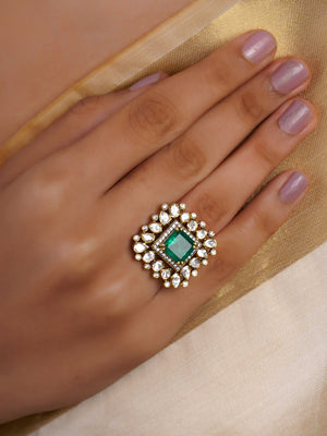 Samraagni emerald square kundan polki statement ring with vivid green centre stone, white teardrop halo and antique gold finish