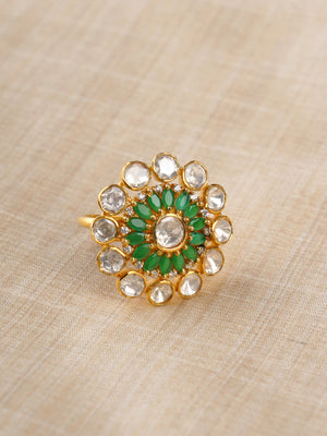 Sitaratna green and white sunburst moissanite ring styled on hand