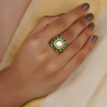 Sitaratna green halo moissanite statement ring handcrafted in 925 sterling silver