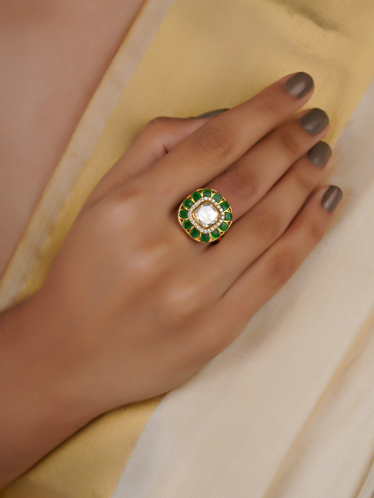 Sitaratna green halo moissanite statement ring handcrafted in 925 sterling silver