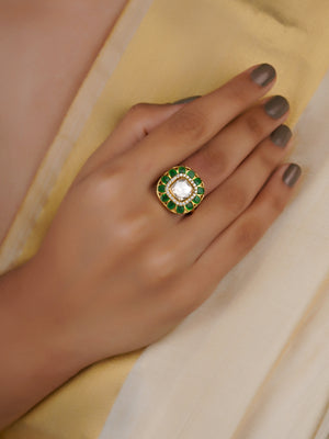 Sitaratna green halo moissanite statement ring handcrafted in 925 sterling silver