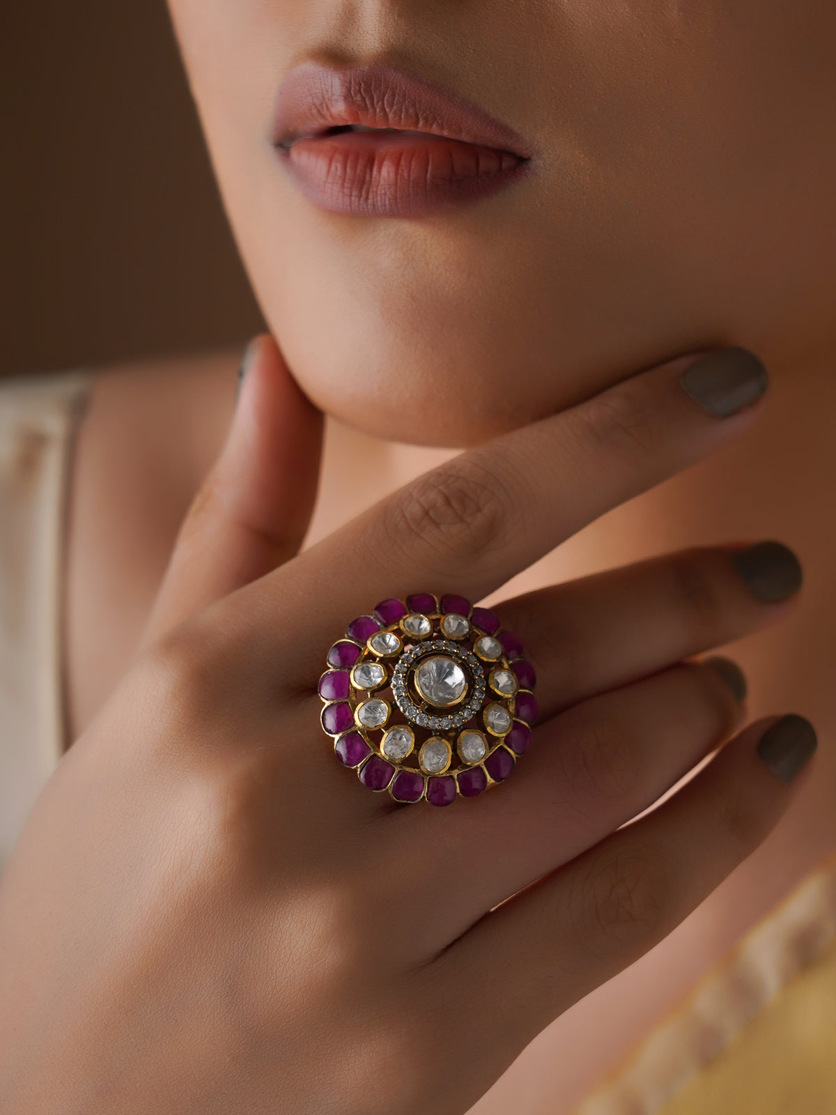 Sitaratna ruby halo moissanite statement ring worn with saree