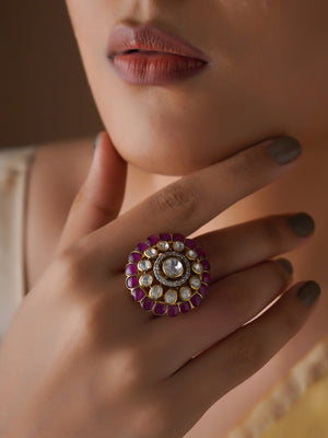 Sitaratna ruby halo moissanite statement ring worn with saree
