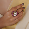 Sitaratna ruby halo moissanite statement ring handcrafted in 925 sterling silver
