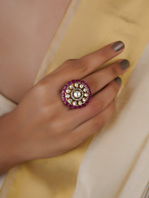 Sitaratna ruby halo moissanite statement ring handcrafted in 925 sterling silver