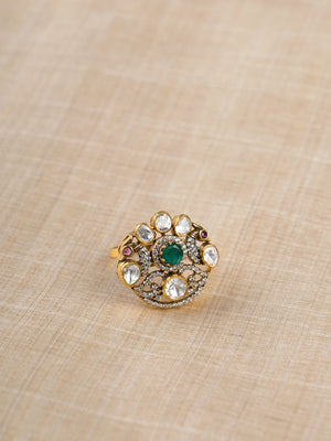 Sitaratna green and white floral sunburst moissanite ring styled on hand