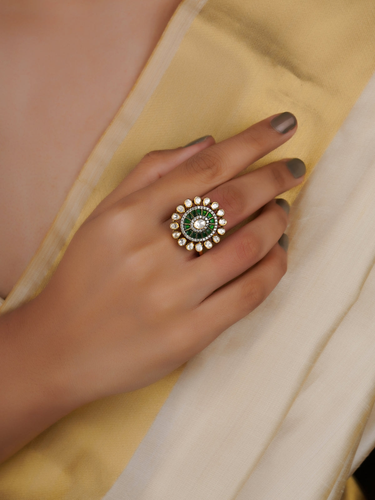 Sitaratna green radial moissanite statement ring handcrafted in 925 sterling silver