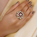 Sitaratna ruby floral halo moissanite ring handcrafted in 925 sterling silver