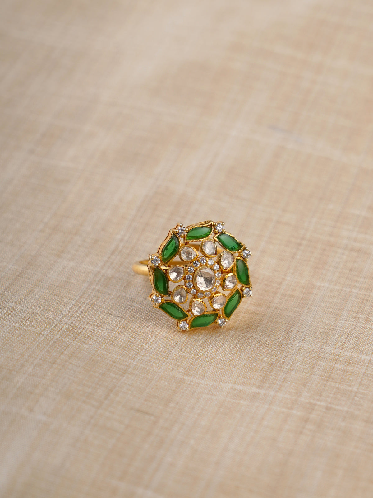 Sitaratna green enamel and white moissanite ring styled on hand