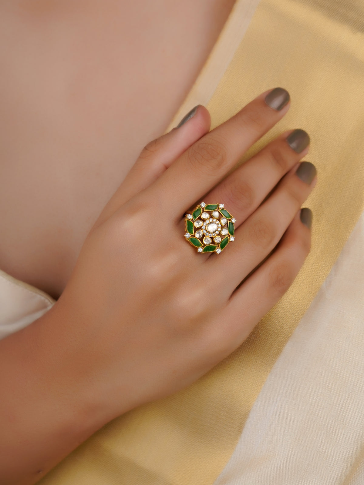 Sitaratna green enamel floral moissanite statement ring handcrafted in 925 sterling silver